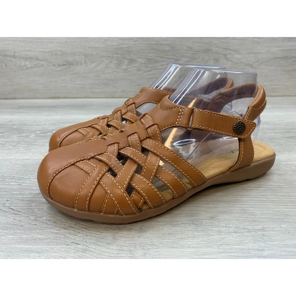 Clarks Collection ElizaBelle Mia Tan Leather Fisherman Sandals Women's 7 W Wide